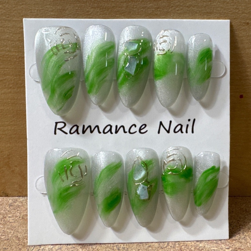 Ramance Nail Green Silver Pearlescent Almond Press On Nails Silver Floral‎ Stone